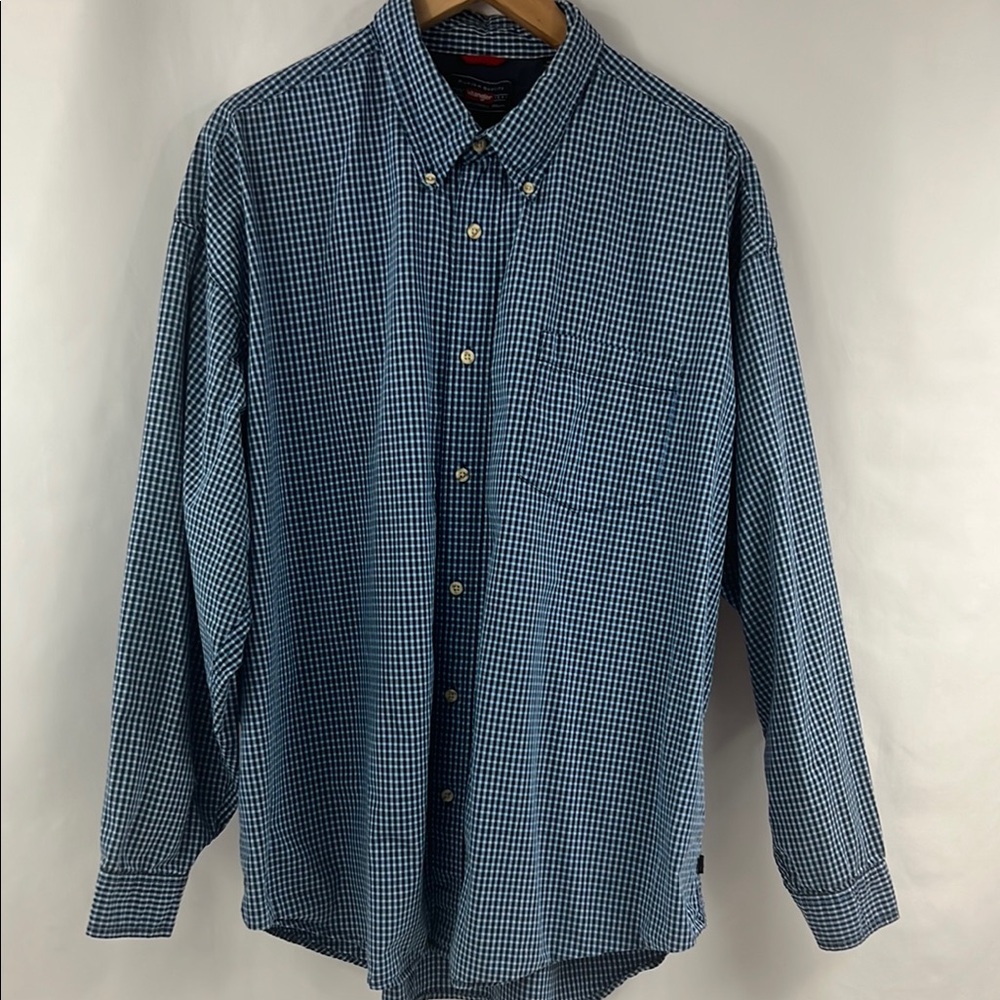 Wrangler Western Blue Plaid Button Down Shirt Ranch Country 100% Cotton Size 2XL